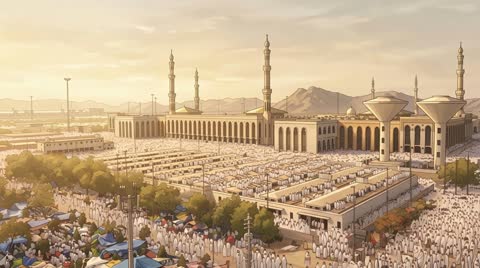 Hajj Pilgrims at Grand Mosque Makkah Sunset Illustration