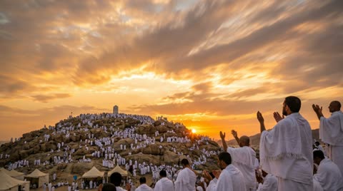 حجاج مسلمون يدعون على جبل عرفات وقت الغروب