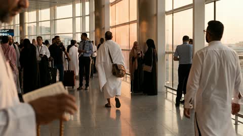 حاج بملابس الإحرام في صالة المطار وقت الغروب