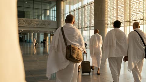 حجاج ومعتمرون بملابس الإحرام يسيرون في صالة المطار