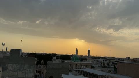 Mosque With Green Dome City Skyline Sunset Footage
