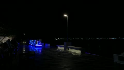 Neon Electric Carts on Waterfront Promenade at Night