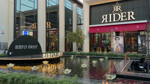 Modern Retail Mall Exterior and Water Fountain at Evening