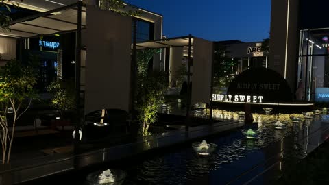 Modern Shopping Complex with Illuminated Fountains at Night