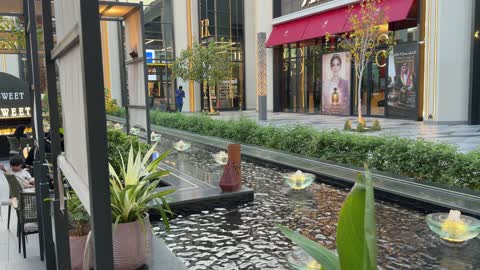 Modern Outdoor Mall Water Fountains and Storefronts