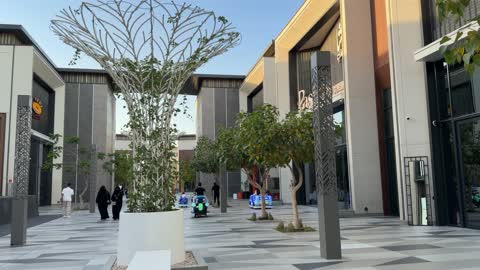 Outdoor Shopping Boulevard with Pedestrians and Retail Stores
