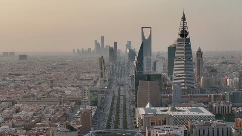 Riyadh Skyline Kingdom Centre Sunset Aerial View