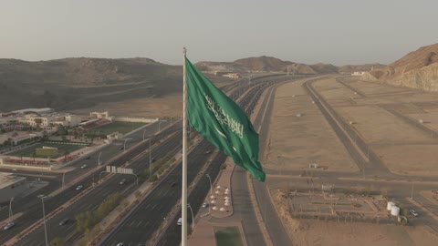Saudi Arabia Flag Aerial Drone Highway Footage
