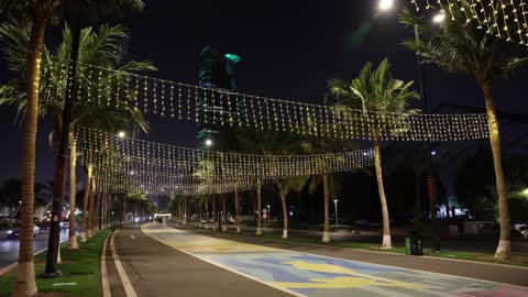 Jeddah Waterfront Night Walkway and Skyscraper Footage