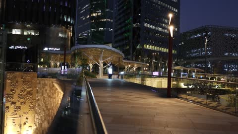 Modern Financial District Pedestrian Bridge at Night