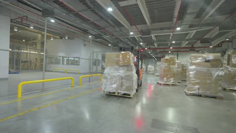 Forklift Operator Transporting Cargo in Logistics Warehouse