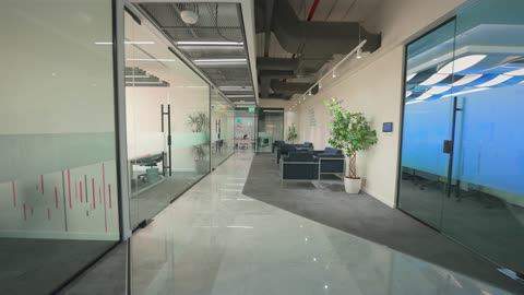 Modern Corporate Office Interior Hallway Tracking Shot