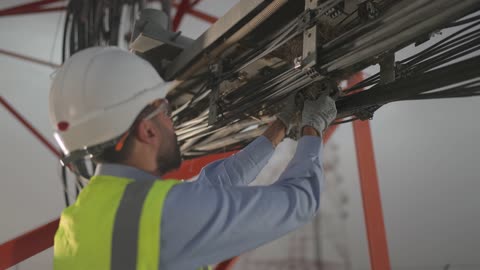 Telecommunications Technician Maintaining Cellular Tower Cables