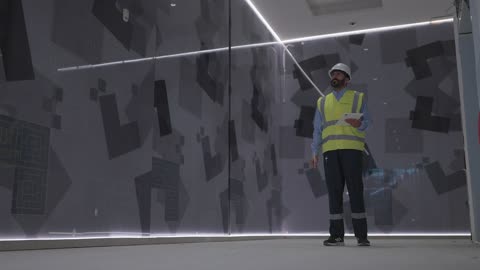 مهندس يتفحص التصميم الداخلي للمبنى باستخدام التابلت