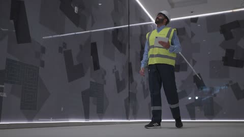 مهندس سعودي يستخدم جهاز لوحي في مكتب داخلي حديث