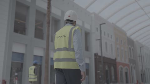 مهندس يسير في مجمع تجاري حديث