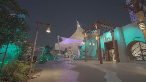 Night Theme Park Rollercoaster and Market Walkway