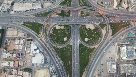 Aerial Top Down View of Busy City Highway Interchange