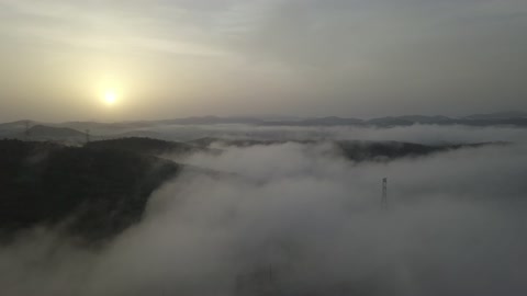 Mountain Fog Sunrise Over Hills Aerial Drone Footage