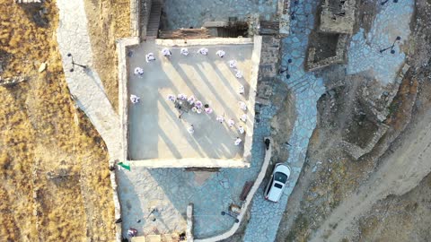 Saudi Folk Dance Ancient Stone Village Aerial Drone