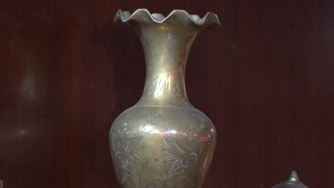 Antique Brass Vase Wooden Background Static Footage