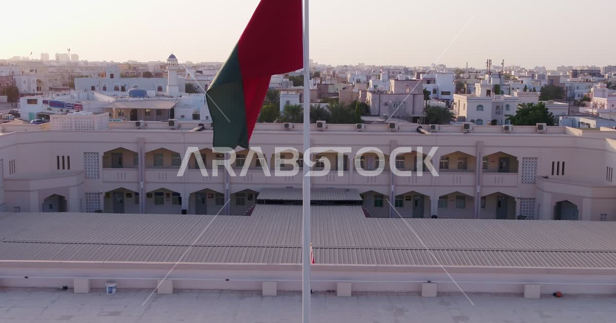 Drone photography from above of a school in Muscat, Sultanate of Oman, educational and