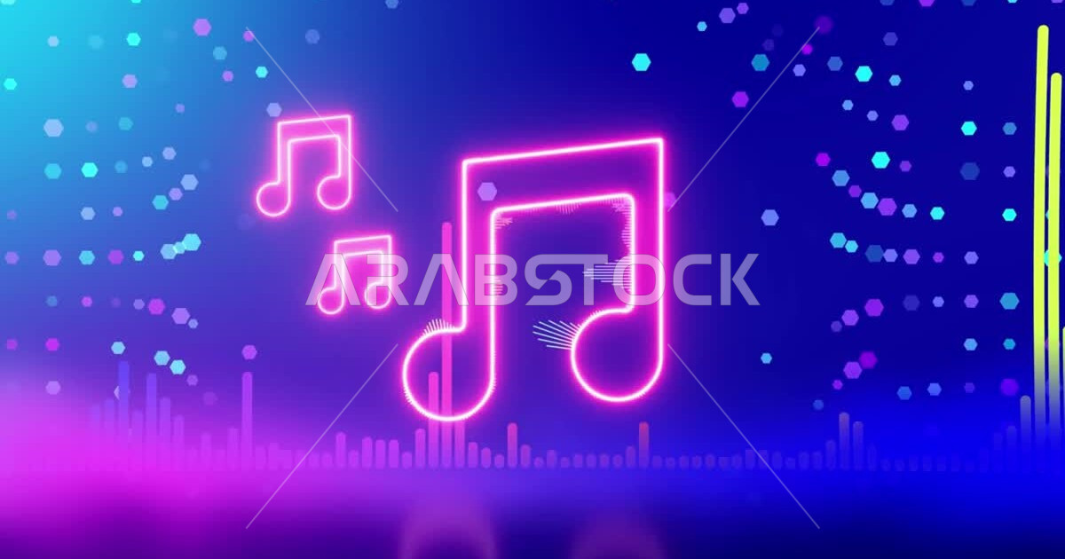Musical icon with glowing effect, music rhythms, animated background