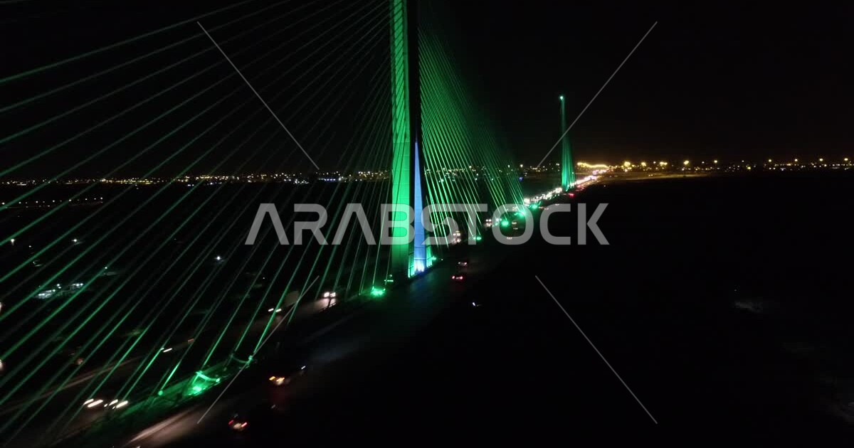 Riyadh suspension bridge supported by cables in evening mode, Wadi