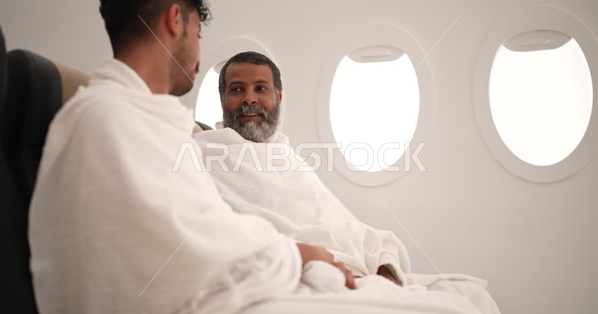 Saudi Arab pilgrims from inside the plane, Ihram dress, dialogues and ...