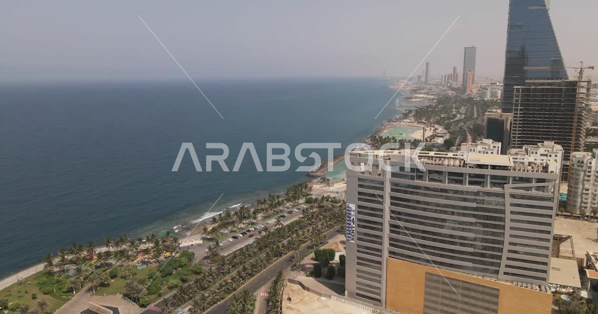 Drone photography of the city of Jeddah in daylight mode, Jeddah waterfront, Jeddah Corniche