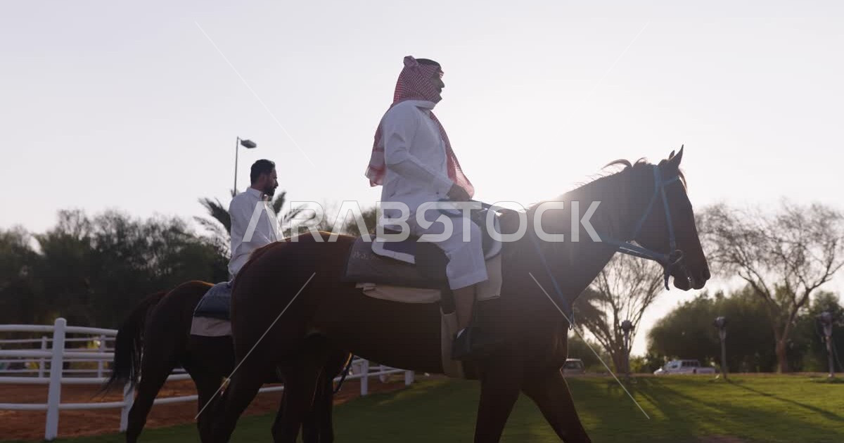 Two Saudi Arabian Gulf men riding horses, purebred Arabian horses