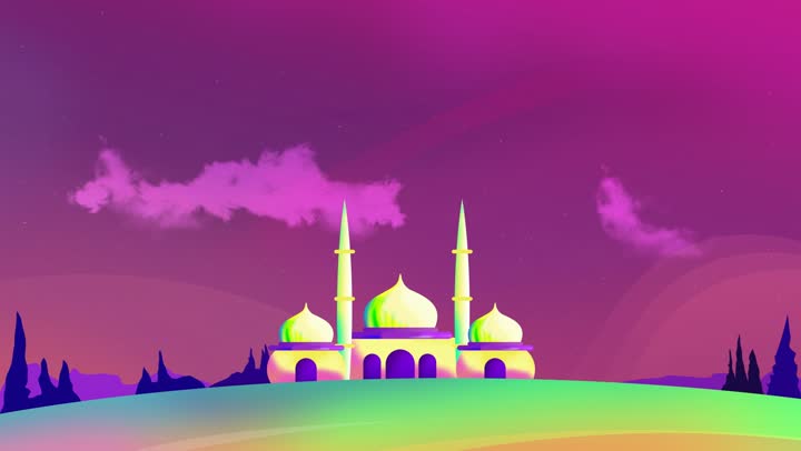 Animation of the movement of clouds in the sky, a mosque, the dome of the mosque, a minaret, 3D Islamic designs