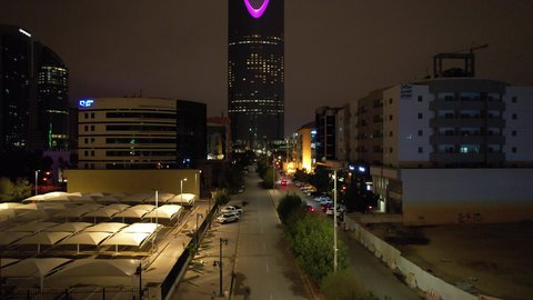 Photographing A Night Aerial Shot Of The Kingdom Tower In Riyadh Saudi 