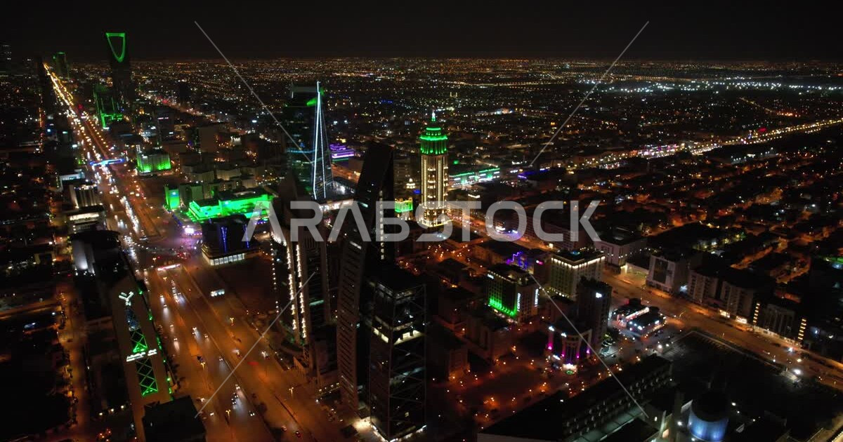 Aerial shot of Riyadh Towers in Saudi Arabia at night, towers and ...
